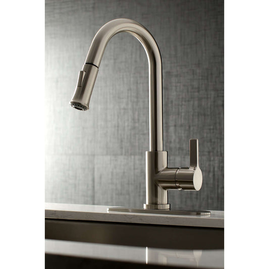 Kingston Brass LS8688CTL Continental Pull-Down Kitchen Faucet right side view with curved spout and lever handle.