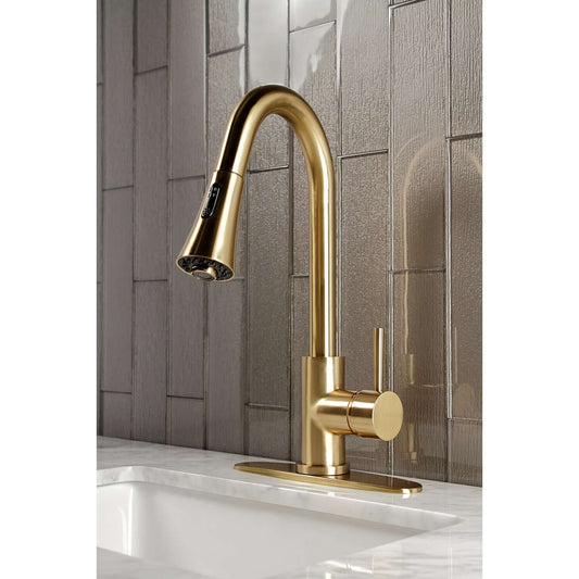 Right side view of Kingston Brass LS8723DL Concord Pull-Down Kitchen Faucet showcasing sleek design and high-arching spout.