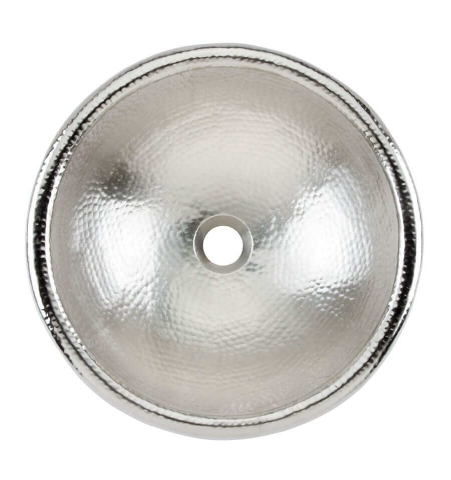 Thompson Tacambaro 15.5" Handcrafted Brushed Nickel Round Bathroom Sink - 2RP-BRN top view showing hand-hammered finish.