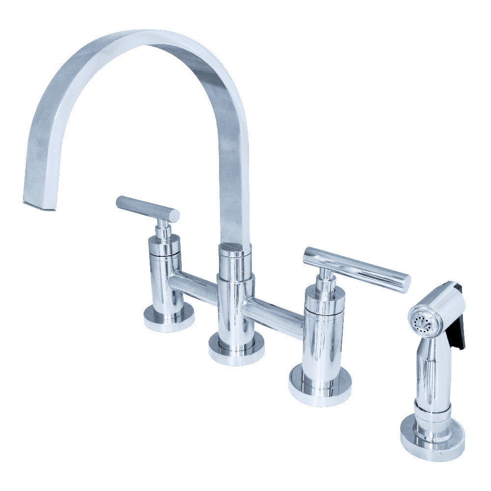 Kingston KS8267CMLBS Manhattan Bridge Kitchen Faucet with Brass Sprayer, Brushed Brass showing modern design and chrome finish.