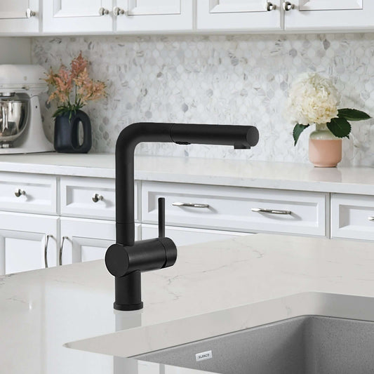 BLANCO Linus Low Arc Pull-Out Dual-Spray Kitchen Faucet - Anthracite in modern kitchen setting with white cabinetry.