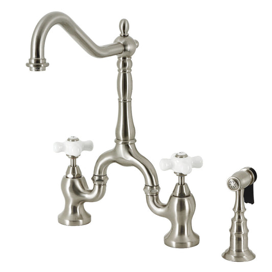 Kingston KS7758PXBS English Country Bridge Kitchen Faucet with Brass Sprayer, Brushed Nickel