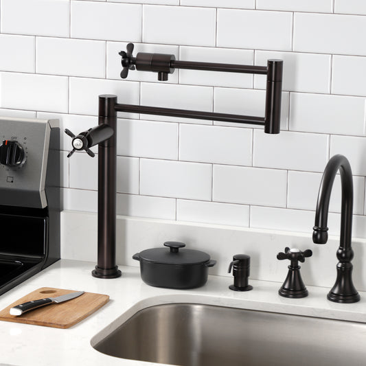 Kingston Brass KS4705BEX Essex Deck Mount Pot Filler Faucet, Oil Rubbed Bronze displayed in a modern kitchen.