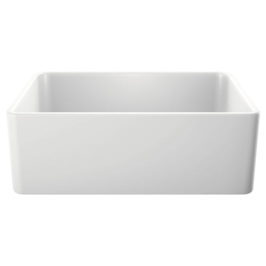 Cerana 30" Fireclay Single Bowl Apron-Front Farmhouse Sink - White view from the side, showcasing its smooth edges and glossy finish.