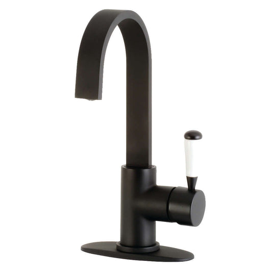 Kingston Brass LS8618DPL Paris Single-Handle Bar Faucet in matte black, showing high-arc spout and unique handle.