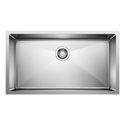 BLANCO Cuvee R15 32" Single Bowl Undermount Stainless Steel Kitchen Sink top view with drain