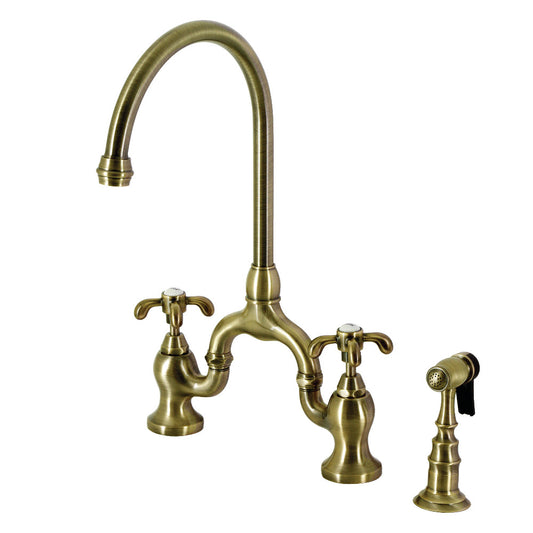 Kingston KS7793TXBS French Country Bridge Kitchen Faucet with Brass Sprayer, Antique Brass in elegant design.