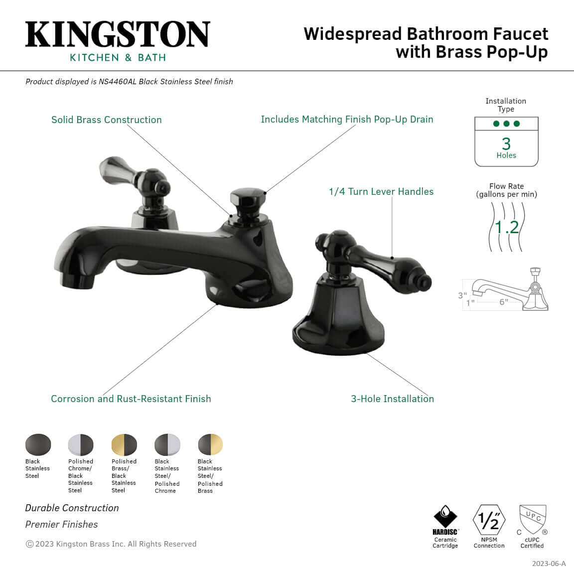 Close-up of Kingston Brass NS4460AL Water Onyx Widespread Bathroom Faucet with matching pop-up drain and lever handles.