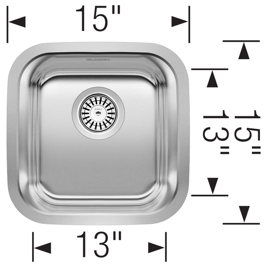BLANCO Stellar 15" Undermount Stainless Steel Bar Sink top view with dimensions 15"x15" and 13" depth.