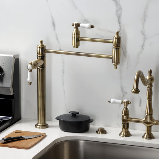 Kingston Brass KS3703BPL Bel-Air Deck Mount Pot Filler Faucet, Antique Brass on kitchen counter