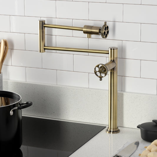 Kingston Brass KS4703RKZ Wendell Deck Mount Pot Filler Faucet with Knurled Handle, Antique Brass on kitchen counter