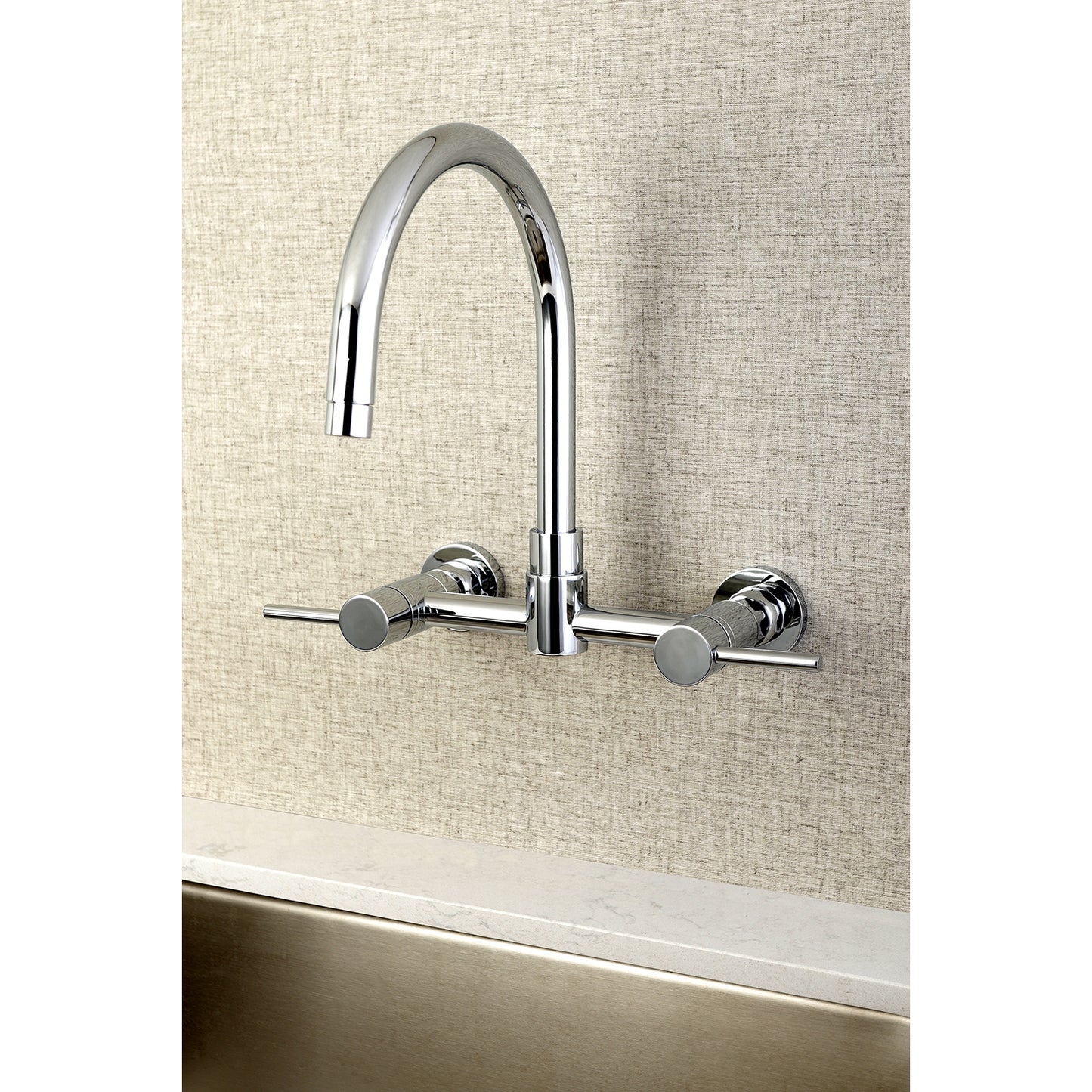 Kingston Brass KS8178DL Concord Wall Mount Bridge Kitchen Faucet right side view with gooseneck spout.
