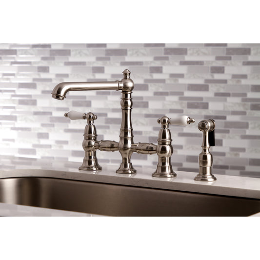 Kingston KS7278PLBS English Country Bridge Kitchen Faucet with Brass Sprayer, Brushed Nickel installed in a kitchen.