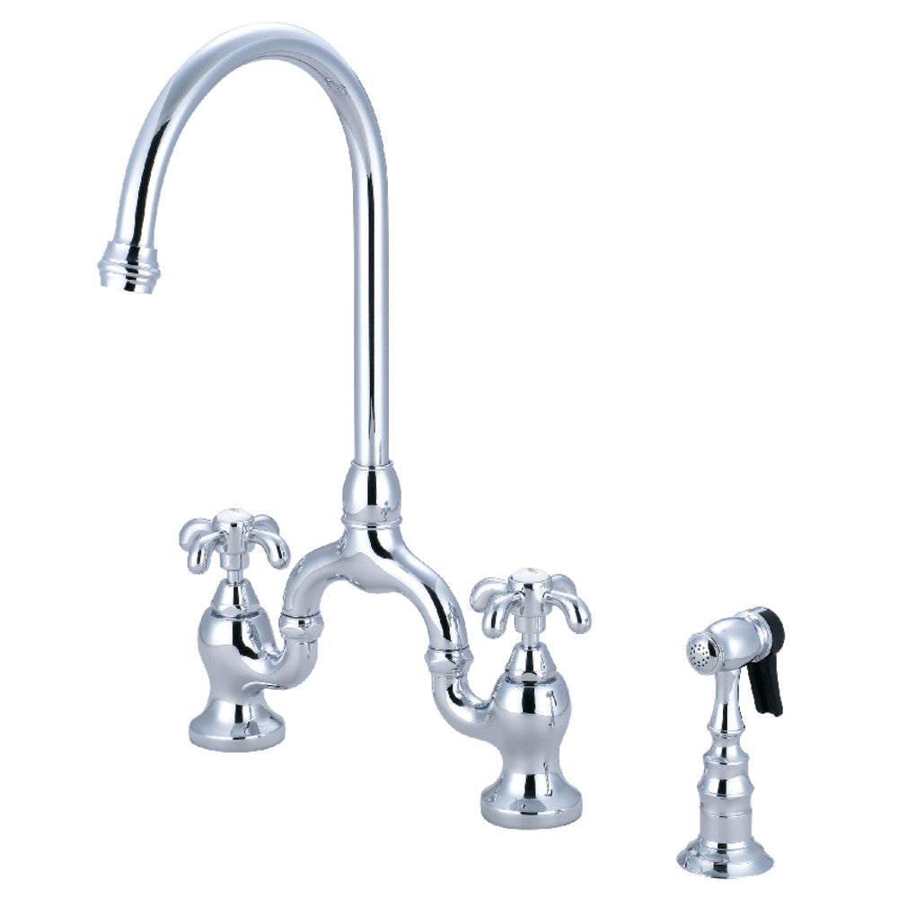 Kingston KS7793TXBS French Country Bridge Kitchen Faucet with Brass Sprayer, Antique Brass in polished chrome finish.