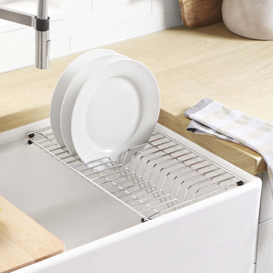 Lifestyle image Blanco Stainless Steel Dish Rack illustrating how it is used to drain plates