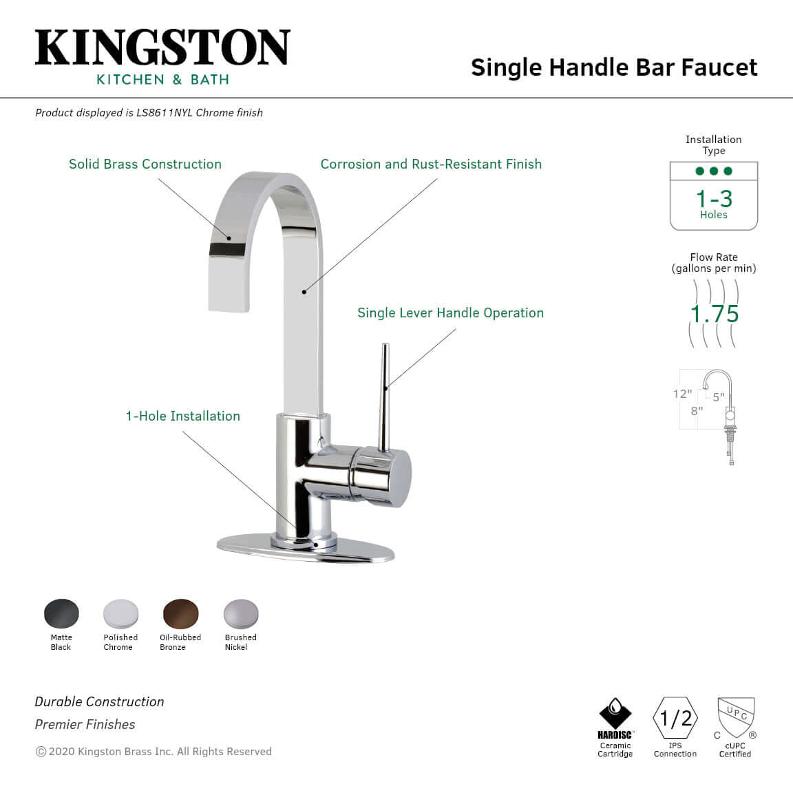 Kingston Brass LS8618NYL New York Single-Handle Bar Faucet right side view showcasing elegant gooseneck design and lever
