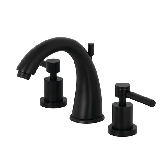 Kingston Brass KS2967DL Concord Widespread Bathroom Faucet in matte black with bold cylindrical design and sleek lever handles.