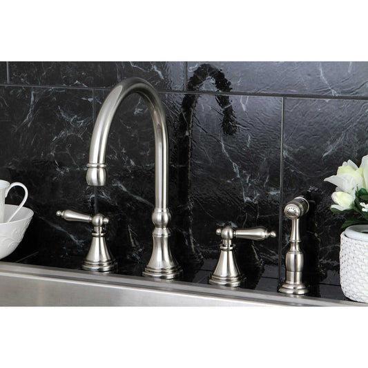 KINGSTON Brass Widespread Kitchen Faucet with Side Sprayer - KS2798ALBS left side view highlighting elegant design and features.