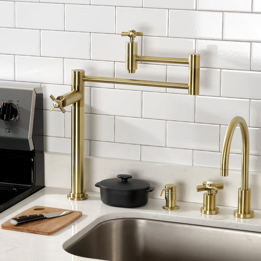 Kingston Brass KS8707ZX Millennium Deck Mount Pot Filler Faucet, Brushed Brass in a stylish kitchen setting.
