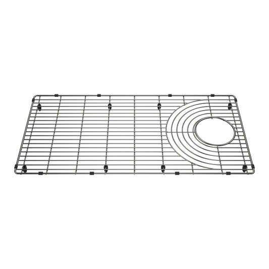 Stainless Steel Sink Grid for Inteos 33" Workstation Sink with black non-skid feet and circular cutout for functionality.