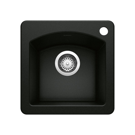 BLANCO Diamond SILGRANIT 15" Dual Mount Bar Sink in black finish with stainless steel strainer.