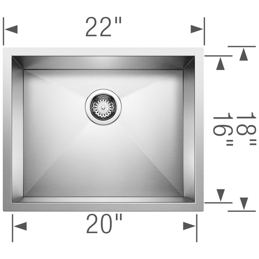 BLANCO Precision R0 22" Single Bowl Undermount Stainless Steel Kitchen Sink dimensions 22" x 20" x 18"