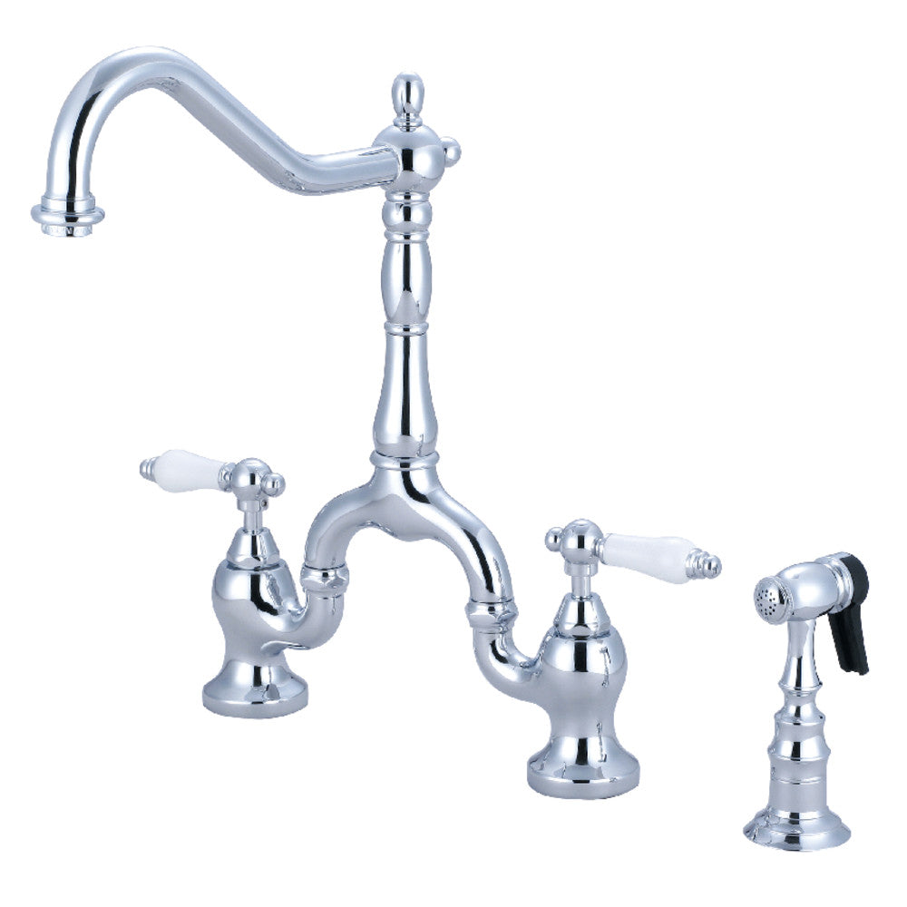 Kingston KS7753PLBS English Country Bridge Kitchen Faucet with Brass Sprayer, Antique Brass