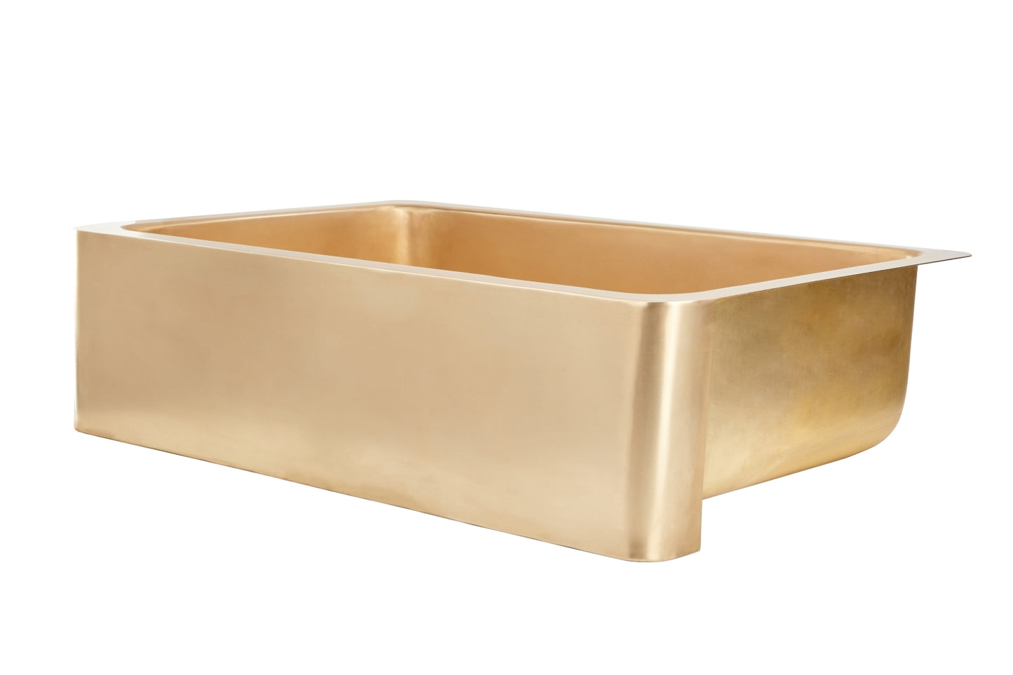 Thompson Quiroga smooth semi-satin brass farmhouse kitchen sink KSA-3322SSB, three-quarter view