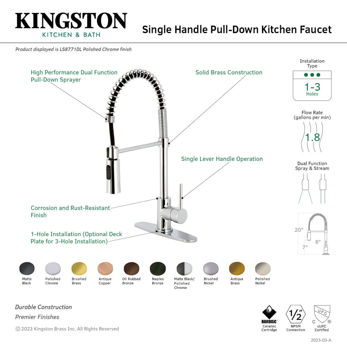 Kingston Brass LS8773DL Concord Pre-Rinse Kitchen Faucet with high-arch spout and spring design, detailed front view.