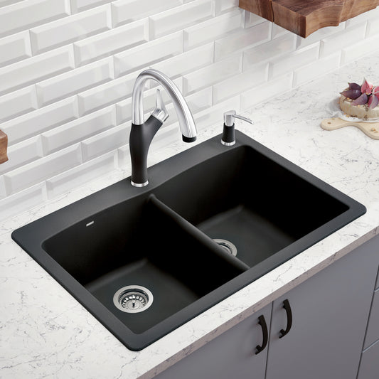BLANCO Diamond SILGRANIT 33" 50/50 Double Bowl Dual Mount Kitchen Sink with faucet and marble countertop