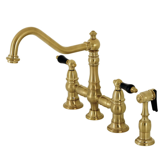Kingston KS3277PKLBS Duchess Bridge Kitchen Faucet with Brass Sprayer, Brushed Brass design and black porcelain handles
