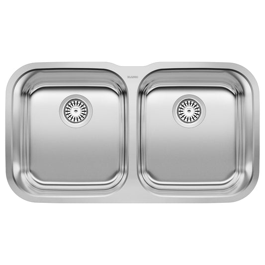 BLANCO Stellar 33" 50/50 Double Bowl Undermount Stainless Steel Kitchen Sink top view showing equal basins.