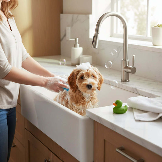 A person giving a dog a bath in a modern farmhouse sink, with bubbles and a rubber duck nearby.