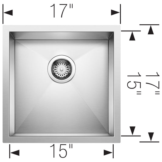 BLANCO Precision R0 17" Undermount Stainless Steel Bar Sink top view with dimensions 17" x 15".