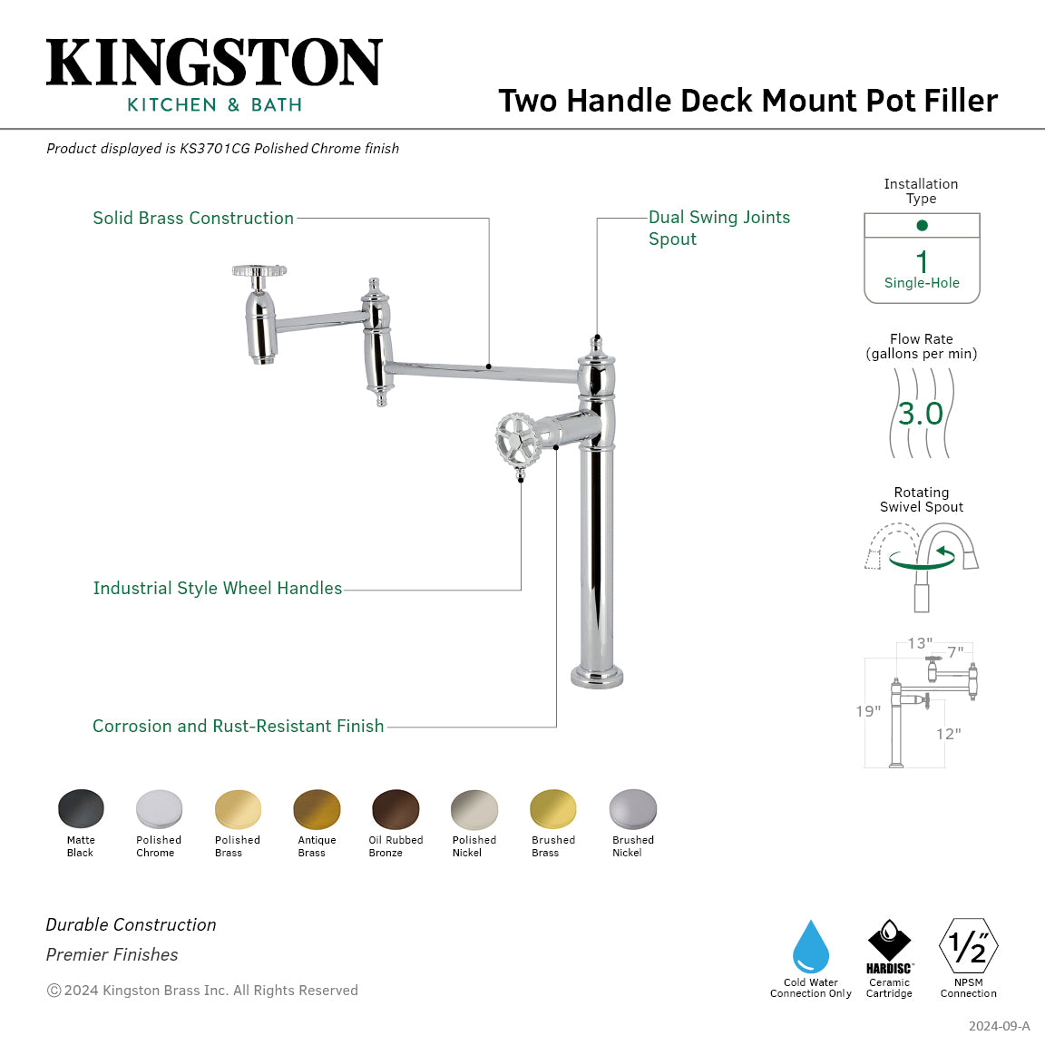 Kingston Brass KS3703CG Fuller Deck Mount Pot Filler Faucet, Antique Brass with dual swing joints spout and industrial handles.