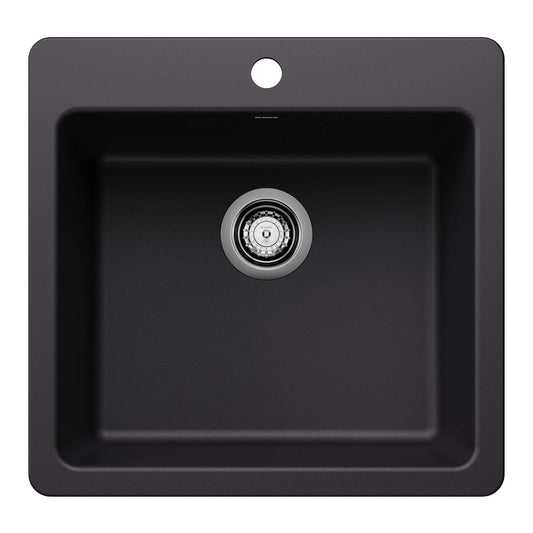 BLANCO Liven SILGRANIT 21" Single Bowl Dual Mount Kitchen Sink in black finish with drainage hole.