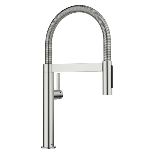 BLANCO Culina Mini II Pull-Down Dual-Spray Kitchen Faucet in sleek stainless steel finish with modern design.