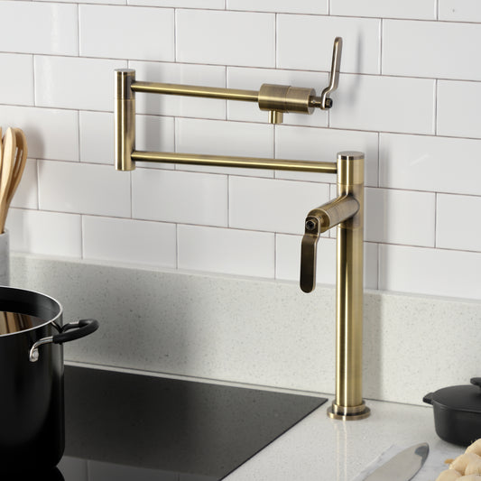 Kingston Brass KS4703KL Whitaker Deck Mount Pot Filler Faucet, Antique Brass in a modern kitchen setting.