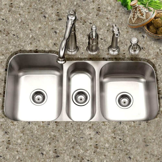 Houzer 40" Stainless Steel Undermount Triple Bowl Kitchen Sink, MGT-4120-1 installed on granite countertop with faucet.
