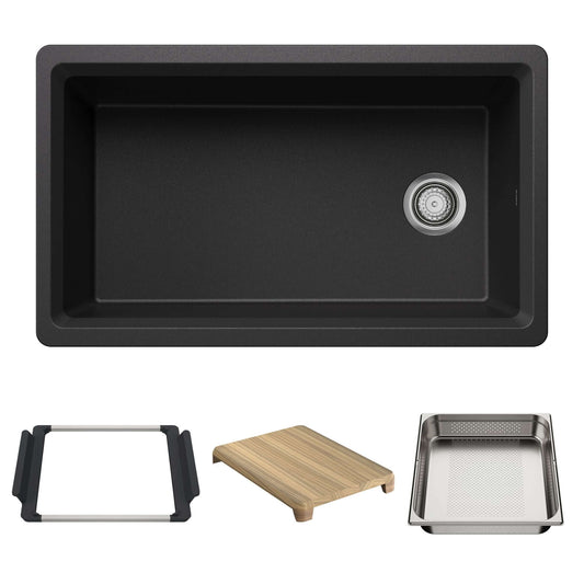 BLANCO Inteos kitchen sink in Anthracite Silgranit with accessories including a cutting board, tray, and frame on a white background