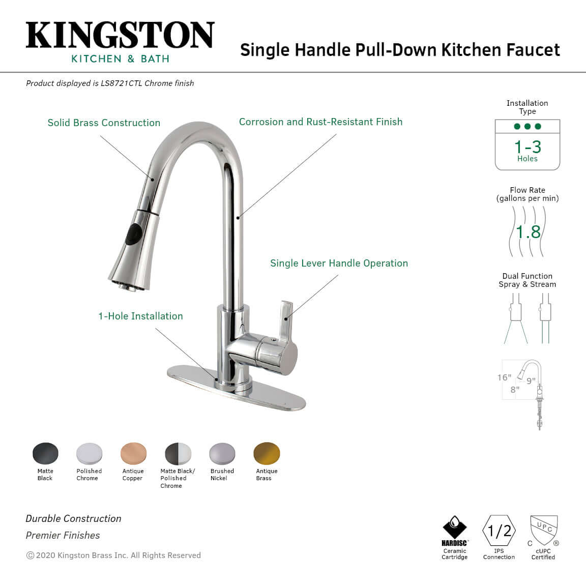 Image of Kingston Brass LS8723CTL Continental Pull-Down Kitchen Faucet, showcasing chrome finish and curved spout design.
