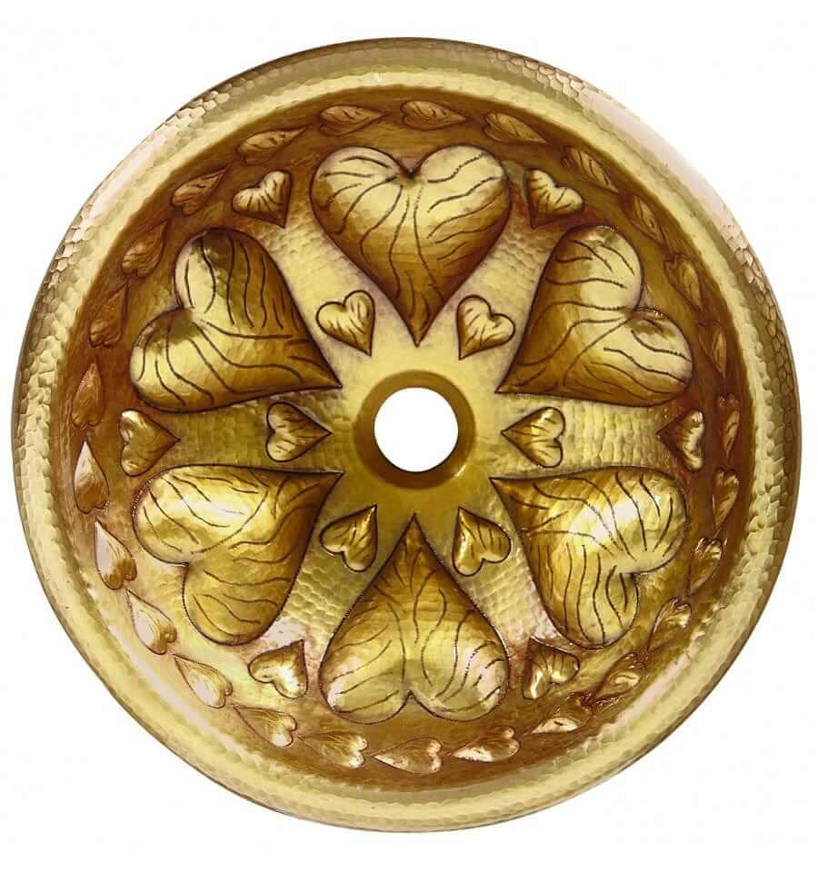 Thompson Tacambaro 15.5" Handcrafted Antique Satin Gold with Embossed Hearts - BRD-1555ASG sink, featuring heart-shaped embossing.