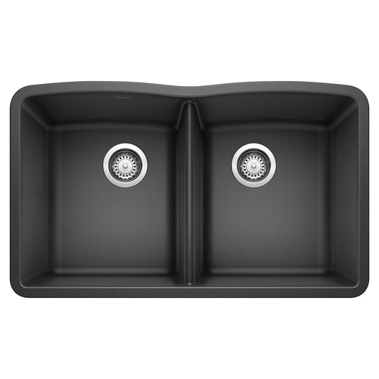 BLANCO Diamond SILGRANIT 32" 50/50 Double Bowl Undermount Kitchen Sink with seamless design and stainless steel drains.
