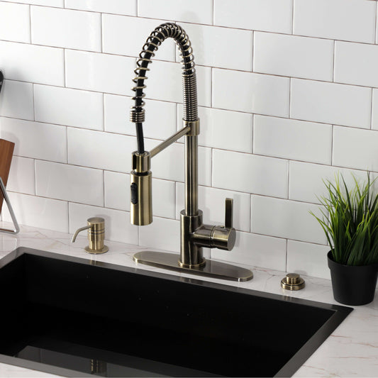 Kingston Brass LS877CTLAB Continental Pre-Rinse Kitchen Faucet right side view with curved spout and ergonomic handle.