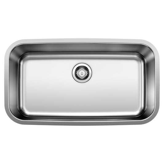 BLANCO Stellar 32" Single Bowl Undermount Stainless Steel Kitchen Sink top view with a sleek drain design.