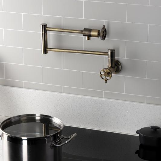Kingston Brass KS4103RKZ Wendell Wall Mount Pot Filler Faucet with Knurled Handle, Antique Brass in kitchen setting