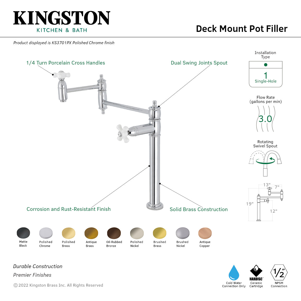 Kingston Brass KS370PXAC Restoration Deck Mount Pot Filler Faucet, Antique Copper with dual swing joints and cross handles.