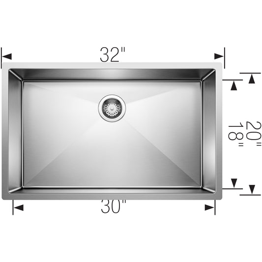 BLANCO Precision R10 32" Single Bowl Undermount Stainless Steel Kitchen Sink with dimensions 32" x 30".