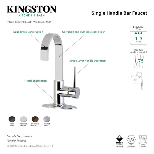 Kingston Brass LS8618NYL New York Single-Handle Bar Faucet right side view showcasing gooseneck design and single lever handle.