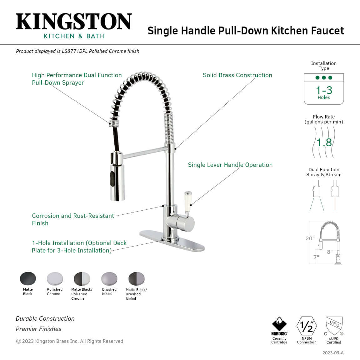 Gourmetier LS8778DPL Paris Single-Handle Deck-Mount Pre-Rinse Kitchen Faucet, Brushed Nickel right side view with pull-down sprayer